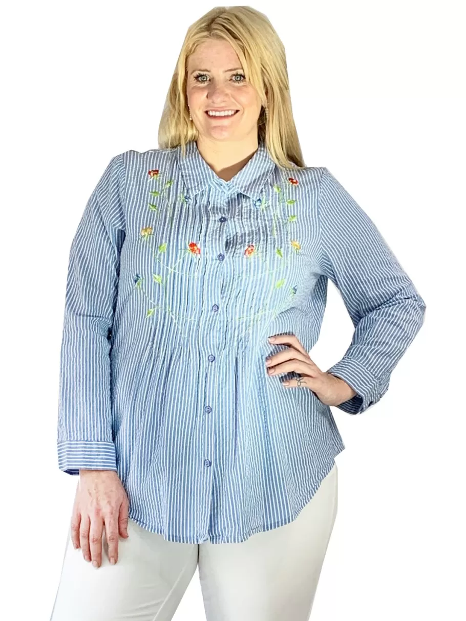 La Cera™ Camisa De Seersucker Con Botones Bordados En La Parte Delantera - Tall^ Plus Tops