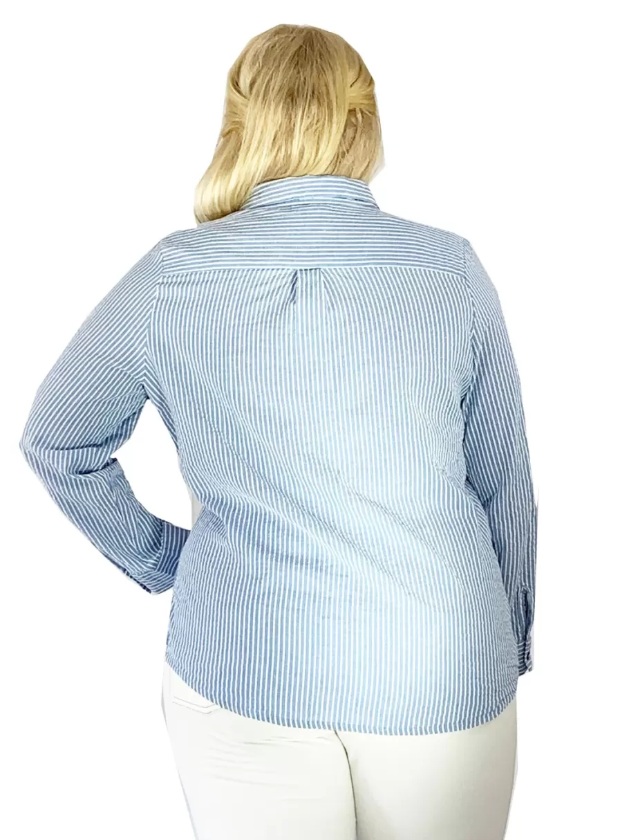 La Cera™ Camisa De Seersucker Con Botones Bordados En La Parte Delantera - Tall^ Plus Tops