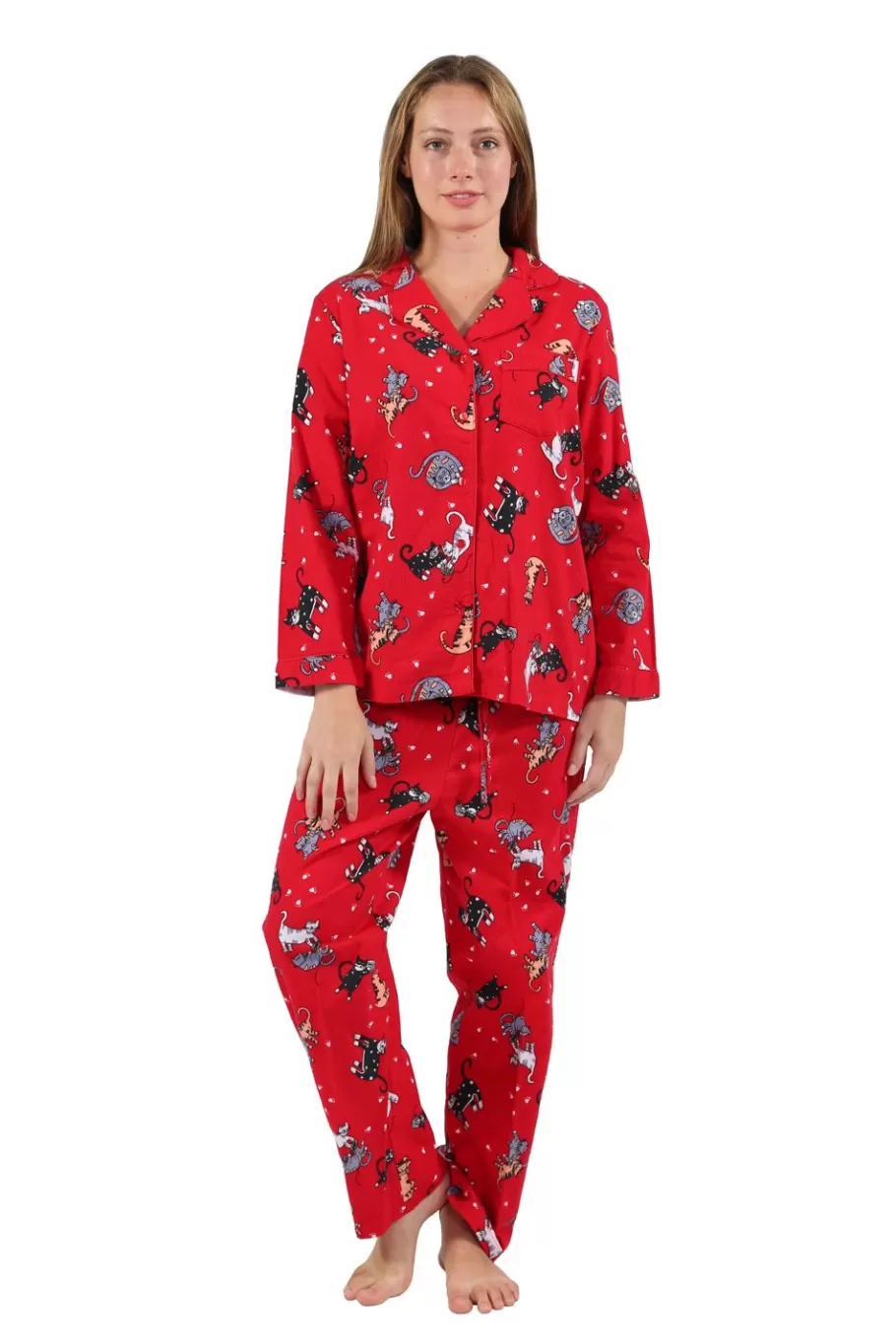 La Cera™ Conjunto De Pijama Con Estampado De Gato De Franela Roja^ Pijama