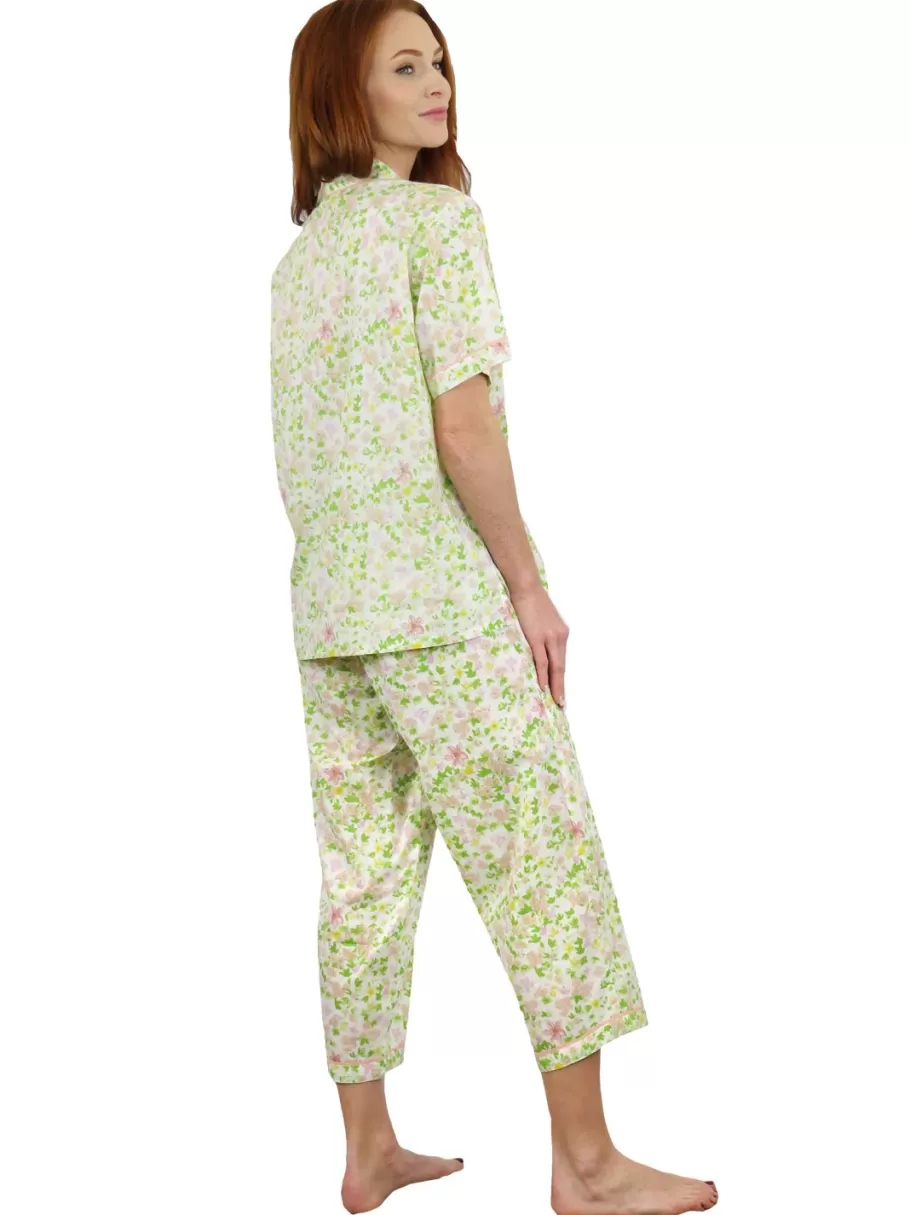 La Cera™ Conjunto De Pijama De Algodon Con Estampado Floral Color Lima Y Manga^ Pijama