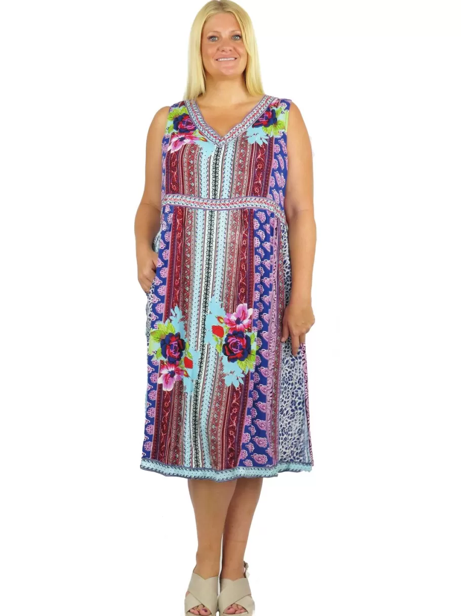 La Cera™ Vestido Con Escote En V Y Cintura Imperio Con Estampado De Borde - Tal^ Vestidos Plus