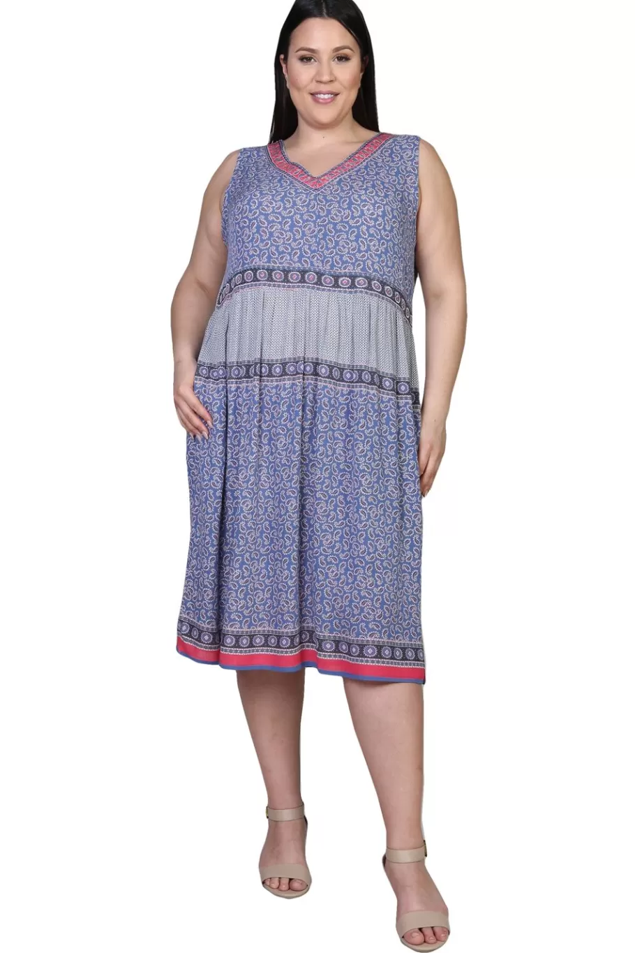 La Cera™ Vestido Con Estampado De Borde De Cintura Imperio Y Escote En V De Tal^ Vestidos Plus
