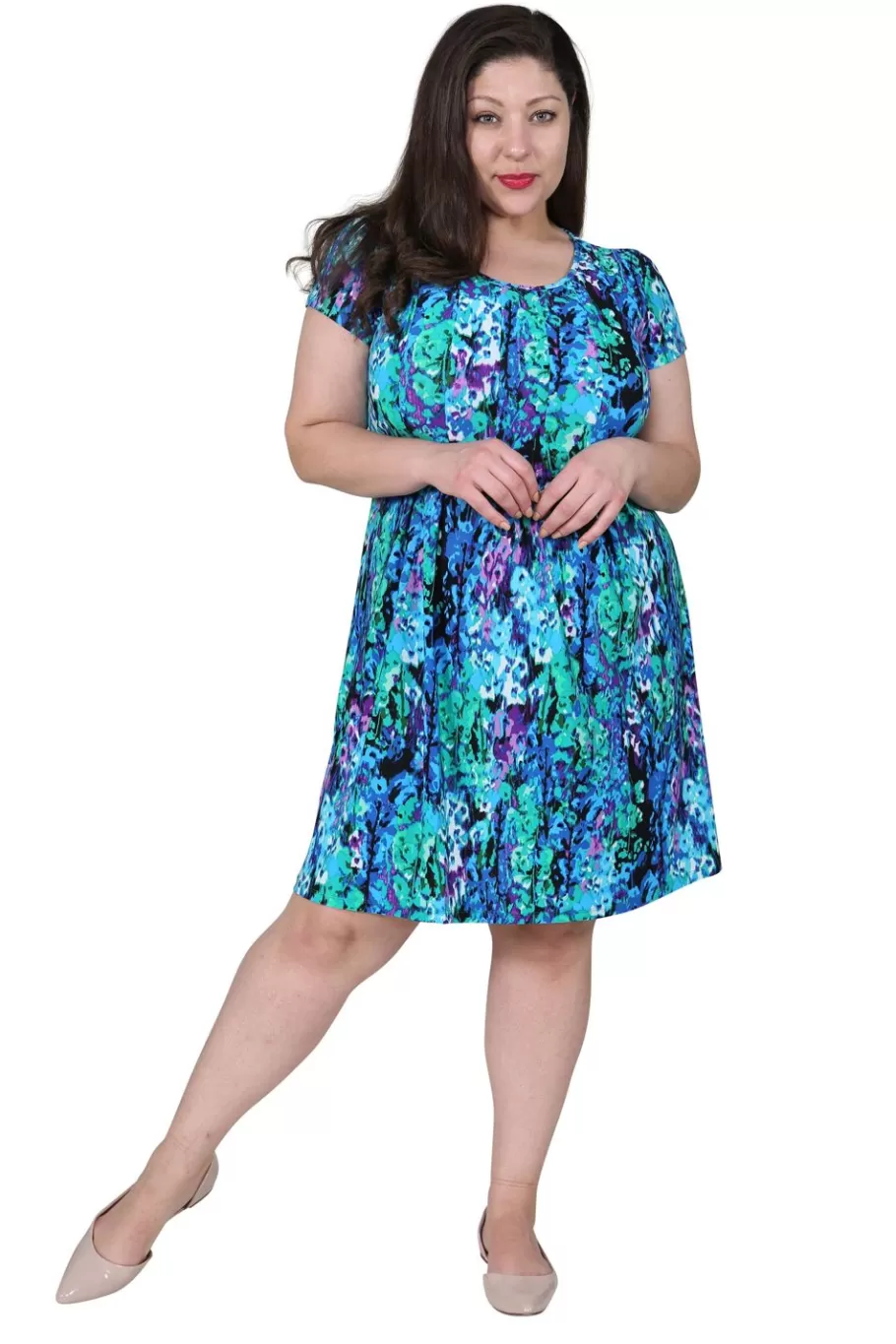 La Cera™ Vestido De Manga Corta Con Estampado Multicolor En Verde Azulado La Ce^ Vestidos Plus